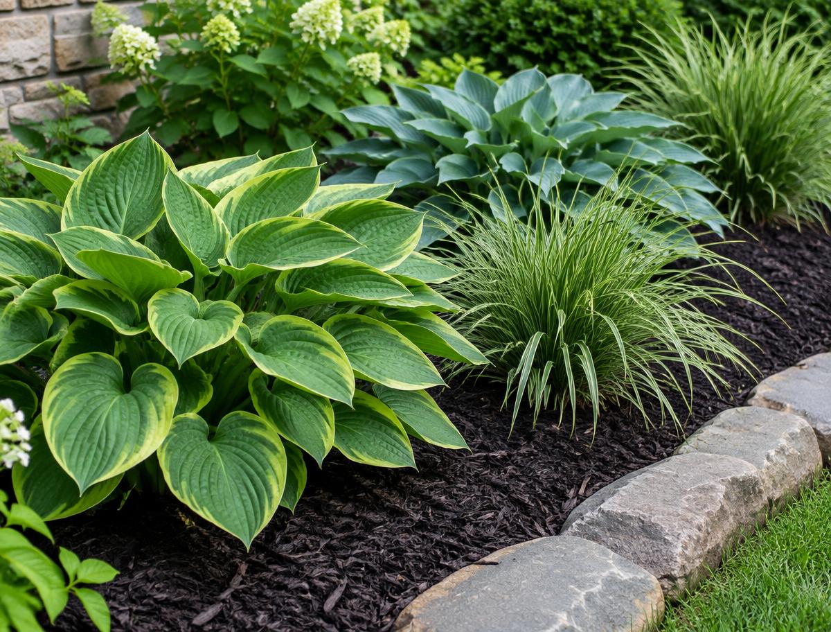 Garden bed with fresh mulch, leafy plants and ornamental grasses along a stone edge