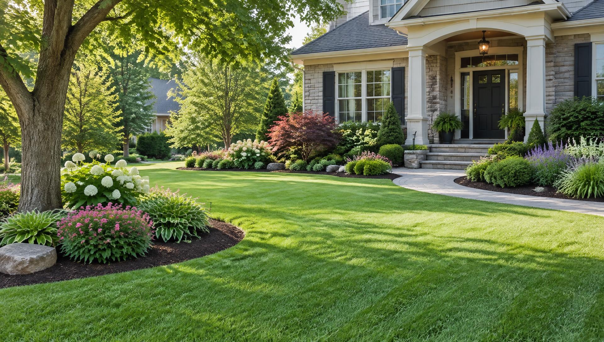 Landscaped residential front yard with a green lawn, garden beds and mature trees