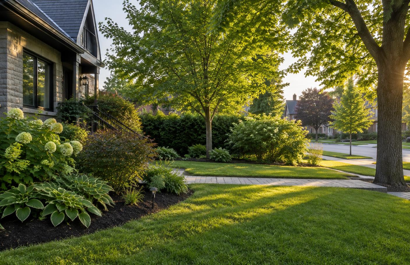 Residential outdoor space with trimmed lawn, planting areas and leafy trees in a Québec neighbourhood